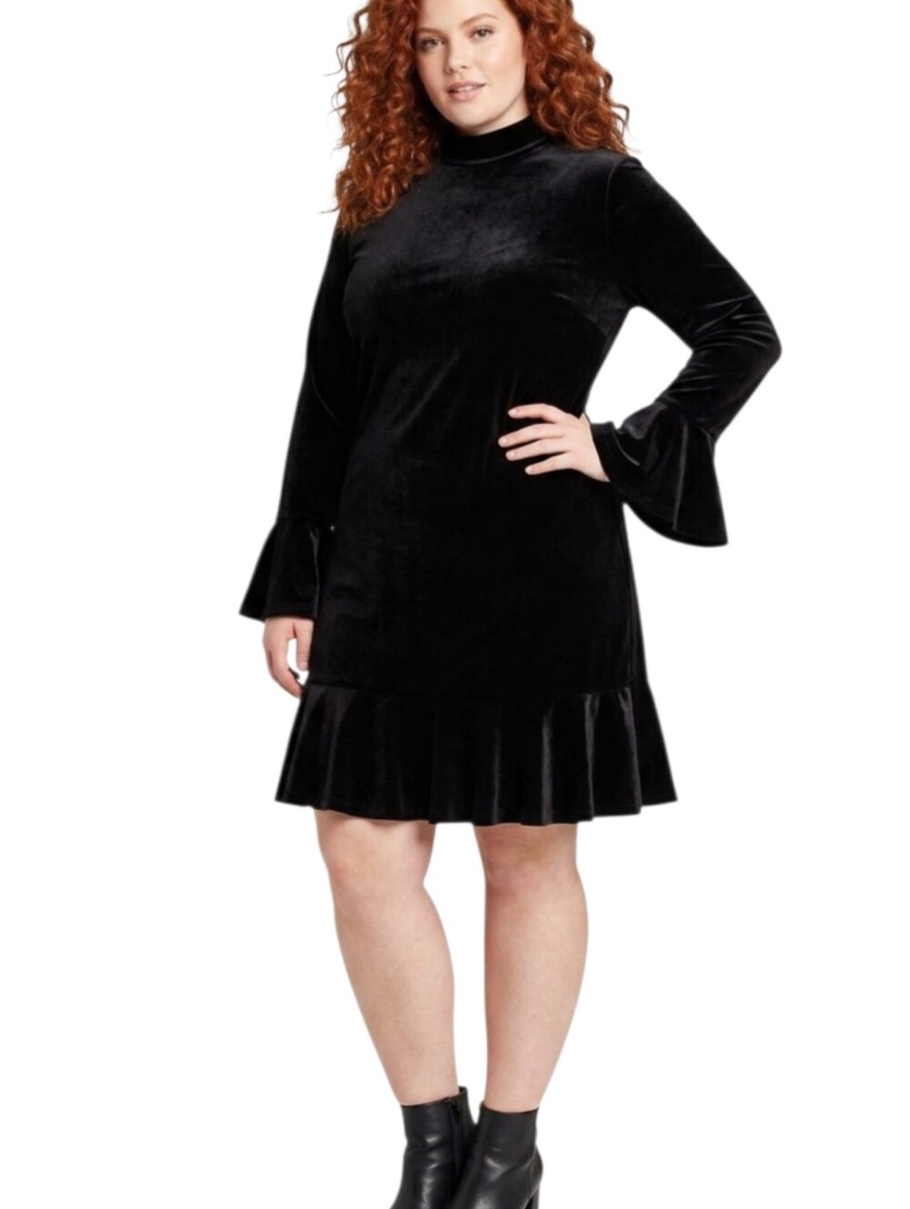 Elegant Black Velvet Dress Long Sleeves Ruffles High Neck Modest Party Cocktail